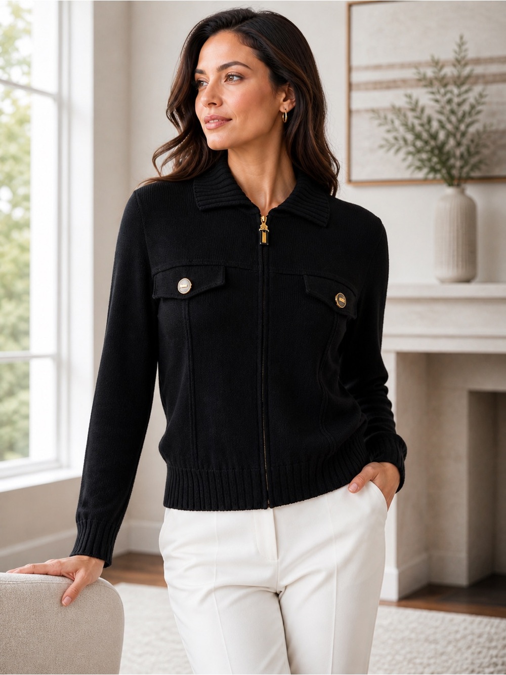 Black Zip-Front Knit Jacket with Collar